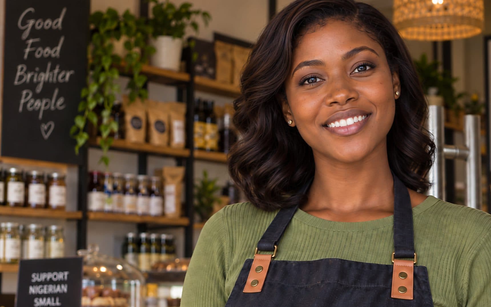 A shop owner in Lagos checking her phone behind the counter
